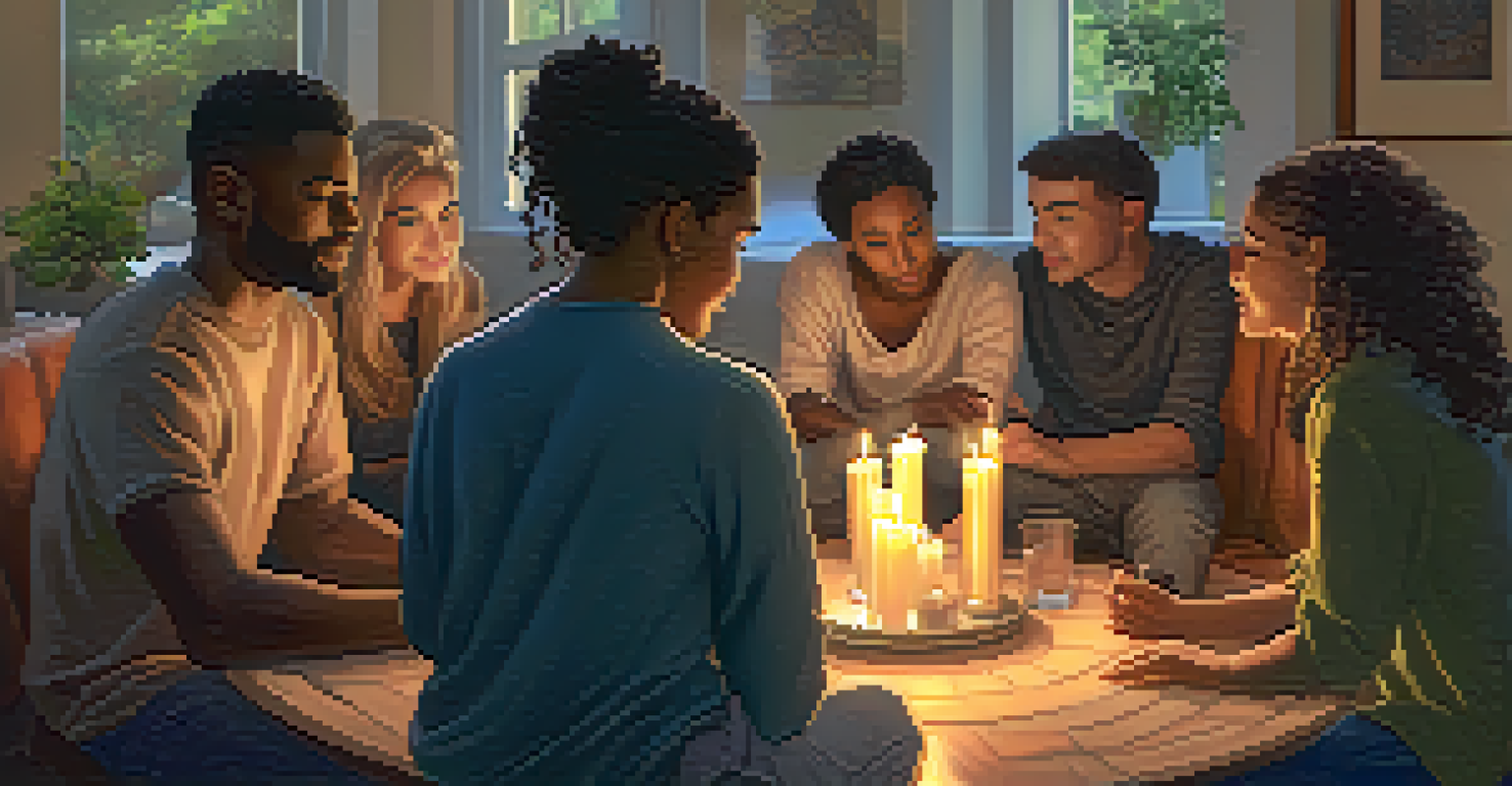 A group of diverse individuals sitting in a circle, sharing their experiences in a warm, inviting room.