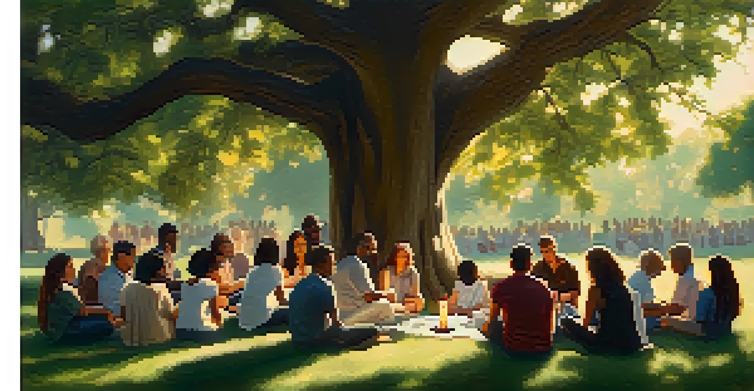 A group of people sharing their spiritual journeys under an oak tree, holding candles in a circle.