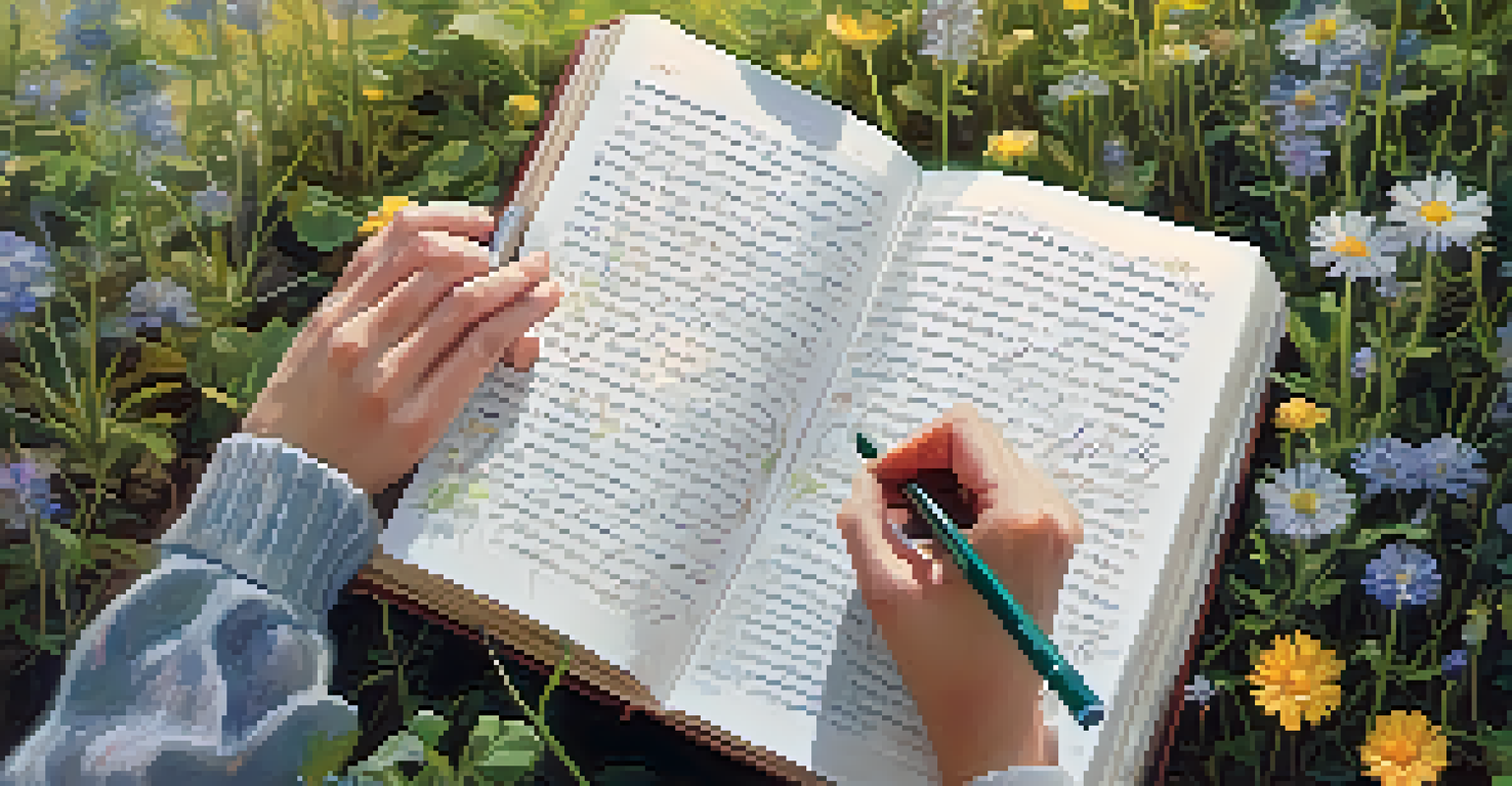 Close-up of hands writing in a journal about spirituality, surrounded by wildflowers and a cup of herbal tea, with soft natural light filtering through the leaves.