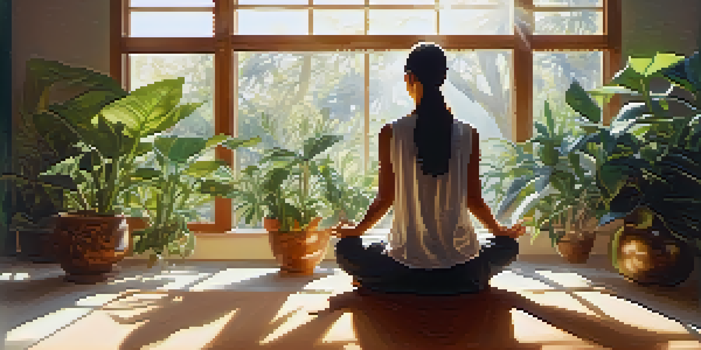 A person meditating in a sunlit room, surrounded by plants, visualizing healing energy as a warm glow from their hands.