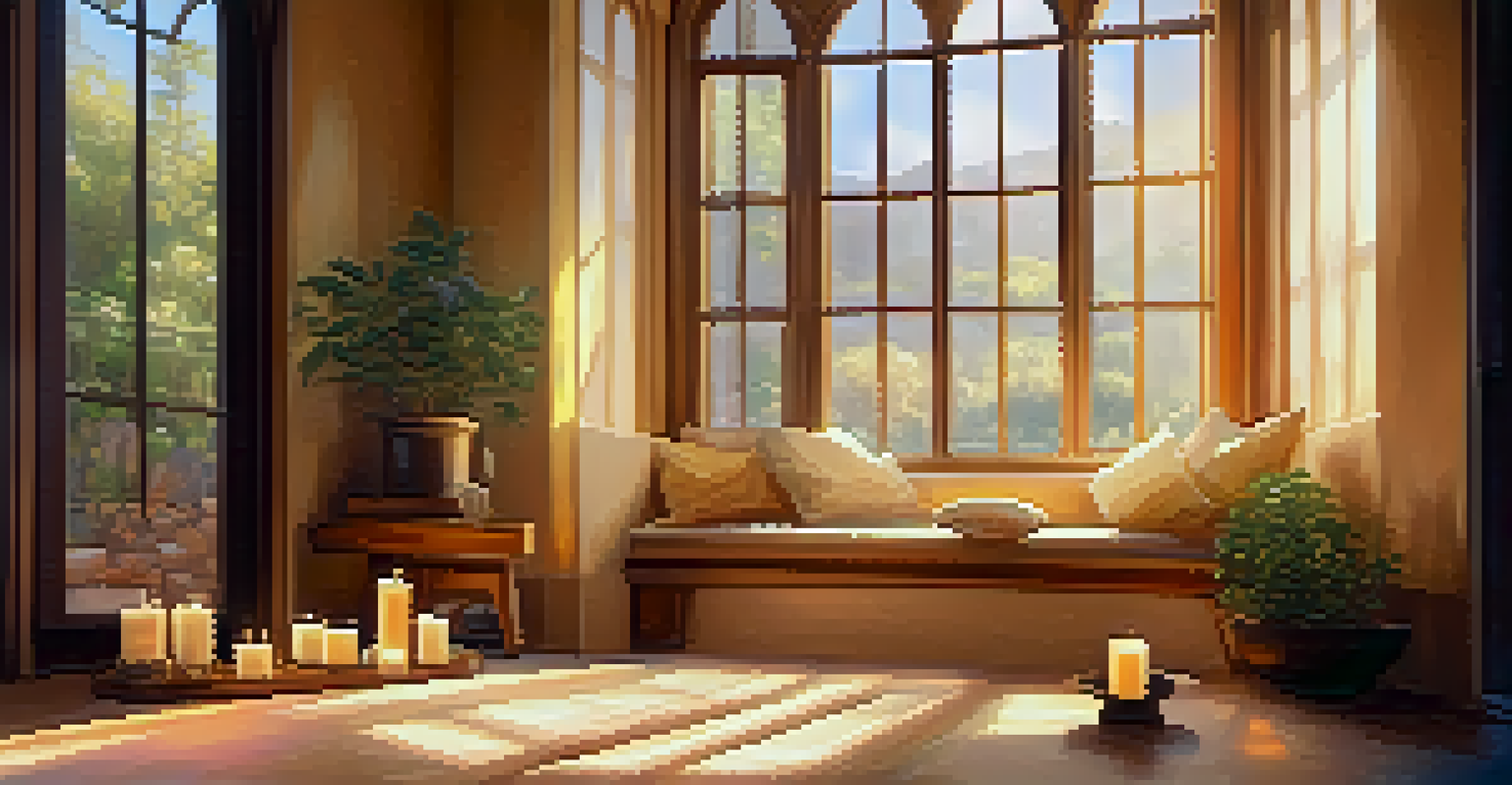 A cozy meditation room with cushions, candles, and sunlight streaming through a window, creating a warm and inviting atmosphere.