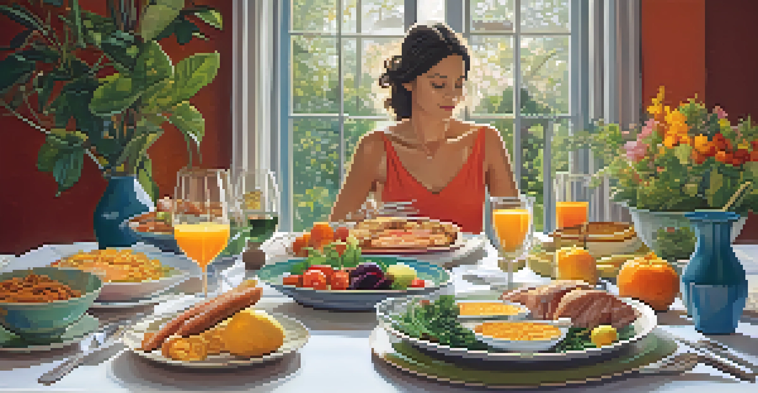 A dining table with a person enjoying their meal, surrounded by colorful dishes and soft candlelight.