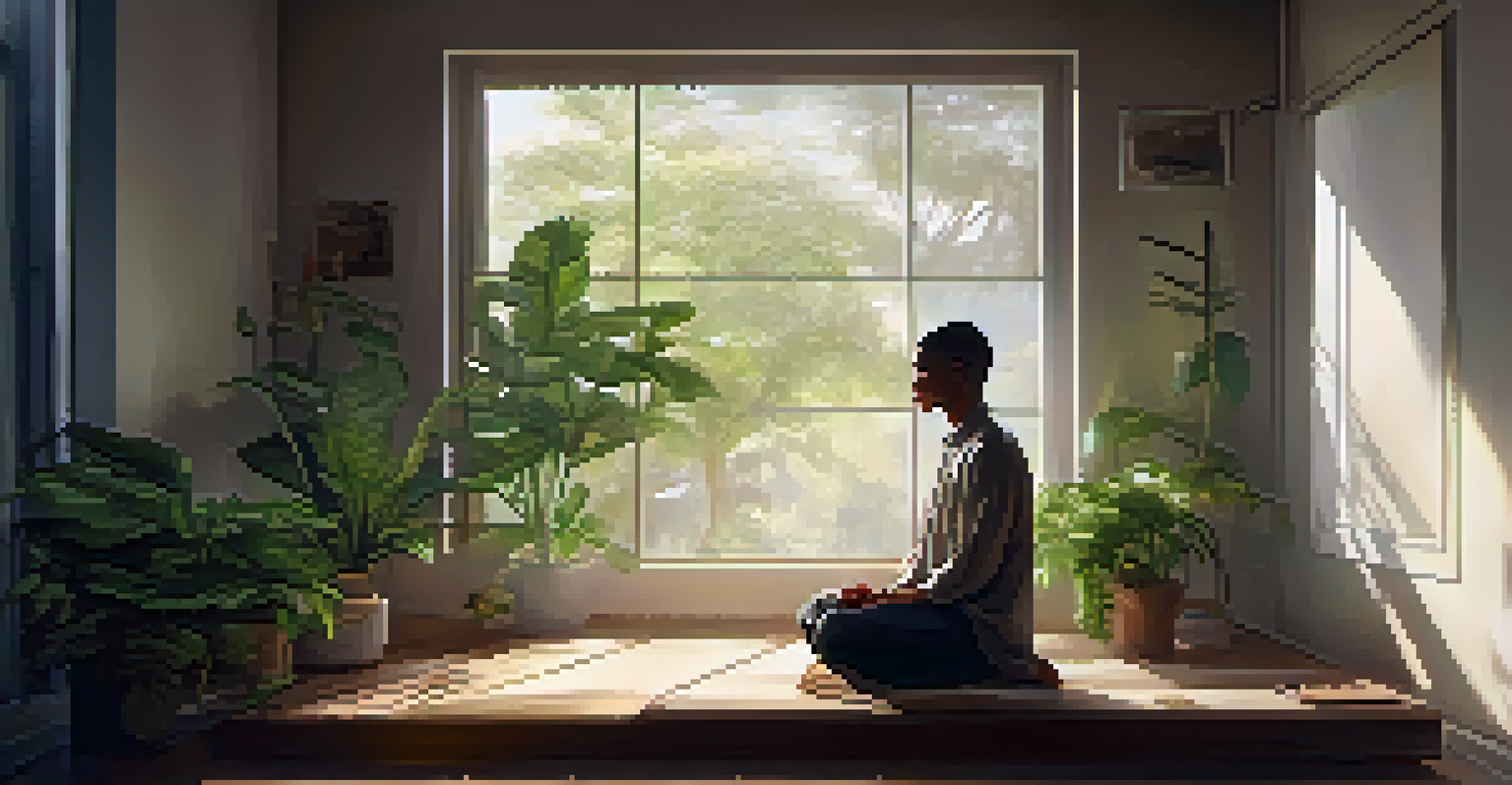 A humanitarian worker meditating in a peaceful room filled with plants and soft natural light.