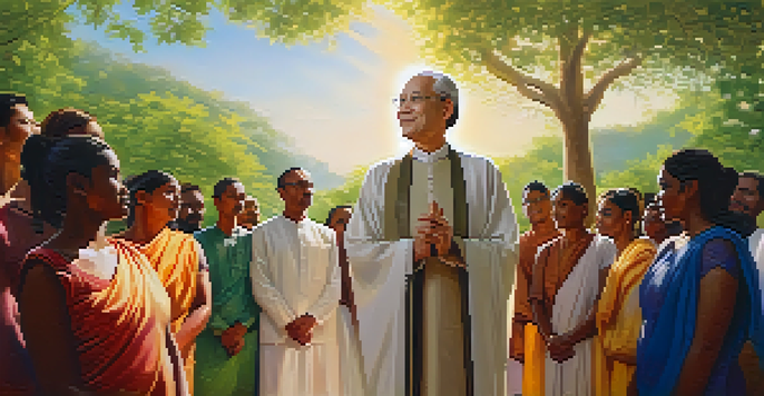 A spiritual leader stands in front of a diverse group of followers in a peaceful outdoor setting, conveying empathy and connection, with soft sunlight filtering through the trees.