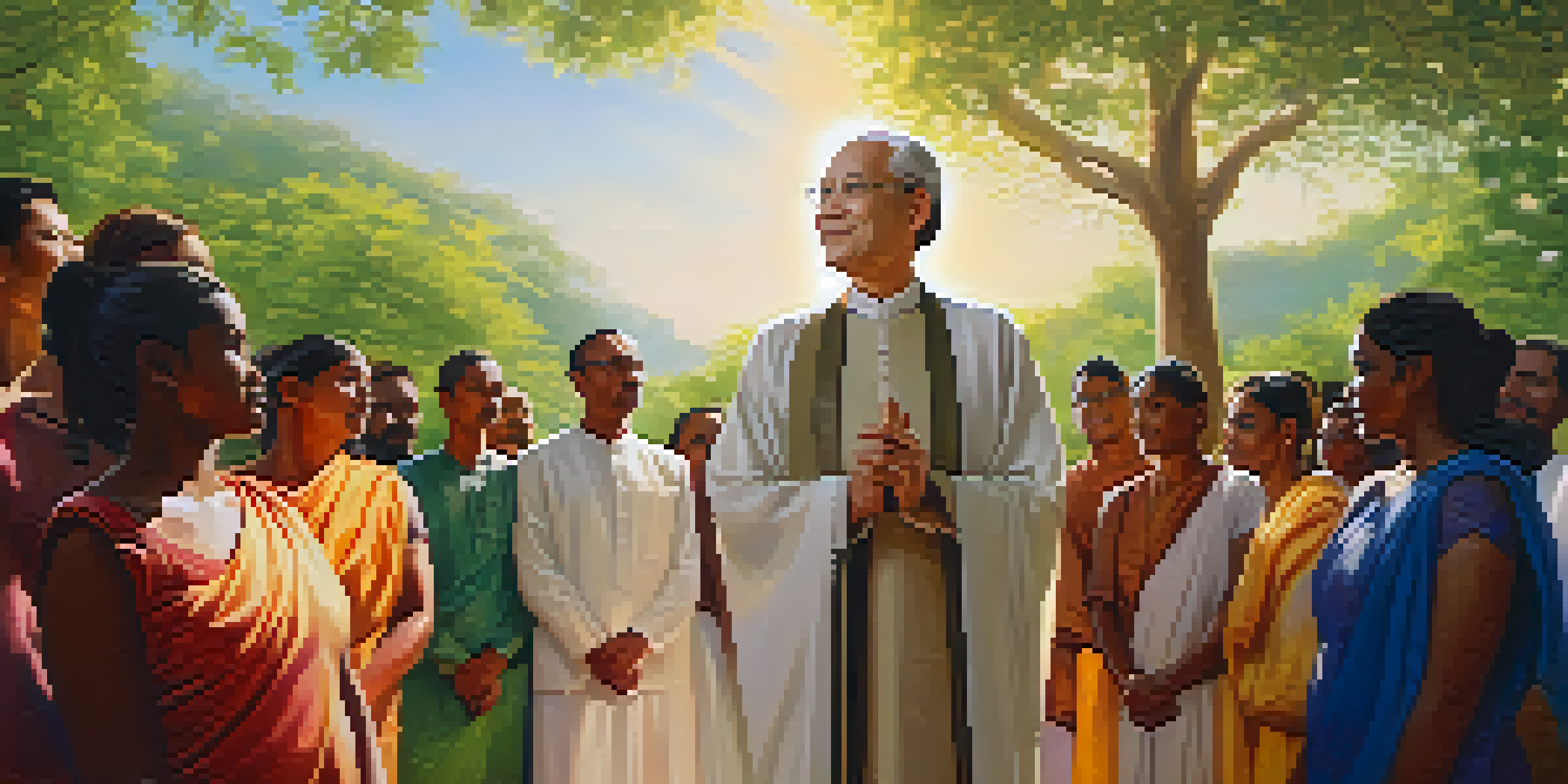 A spiritual leader stands in front of a diverse group of followers in a peaceful outdoor setting, conveying empathy and connection, with soft sunlight filtering through the trees.