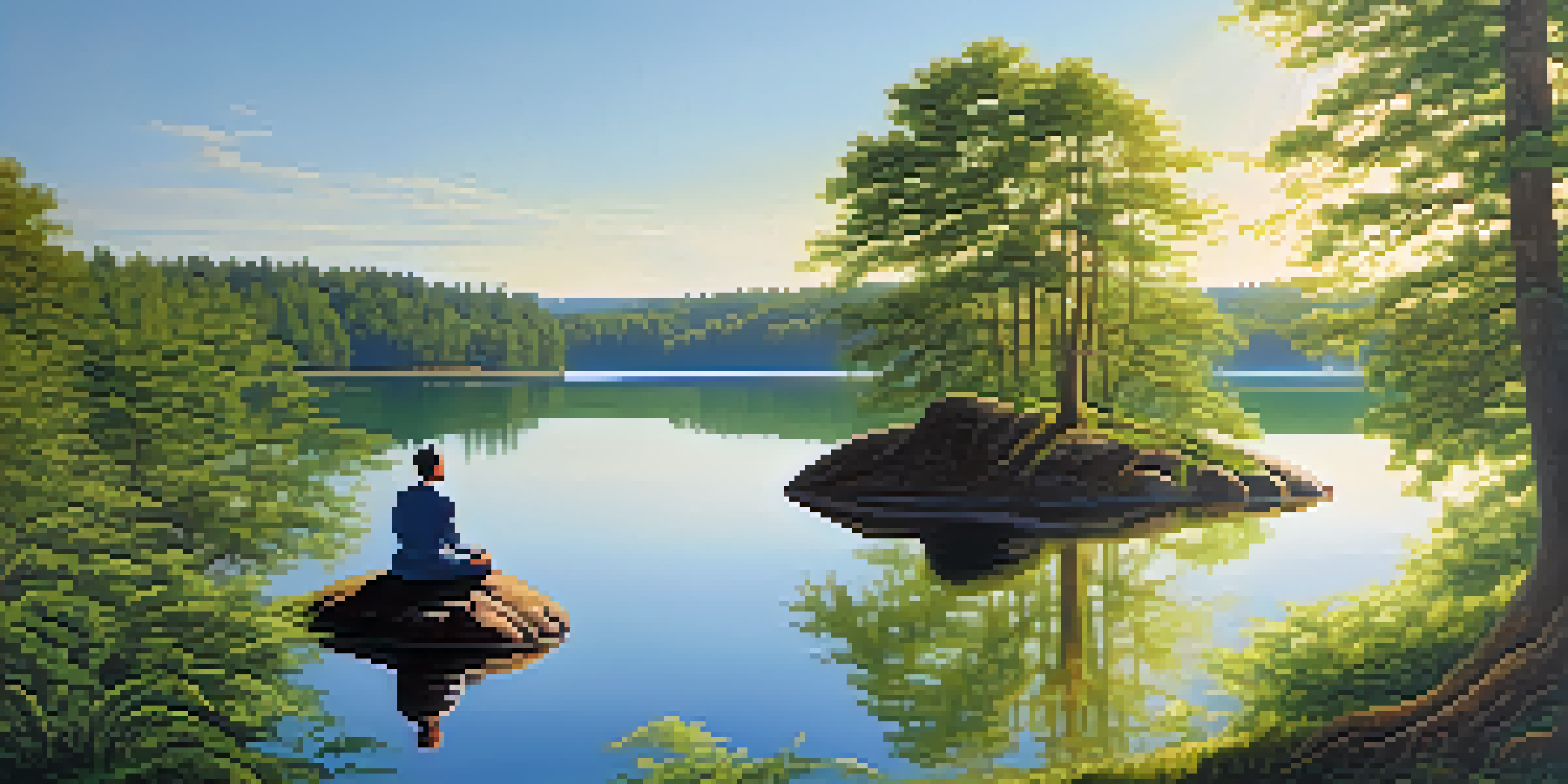 A peaceful lakeside scene with a person meditating on a rock, surrounded by greenery under a clear blue sky.