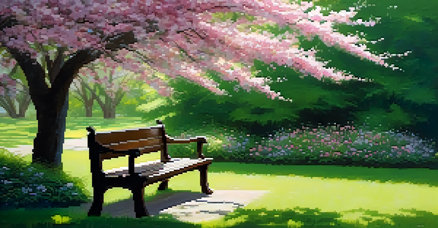 A peaceful garden with a wooden bench under a cherry blossom tree, surrounded by colorful flowers and sunlight filtering through the leaves.