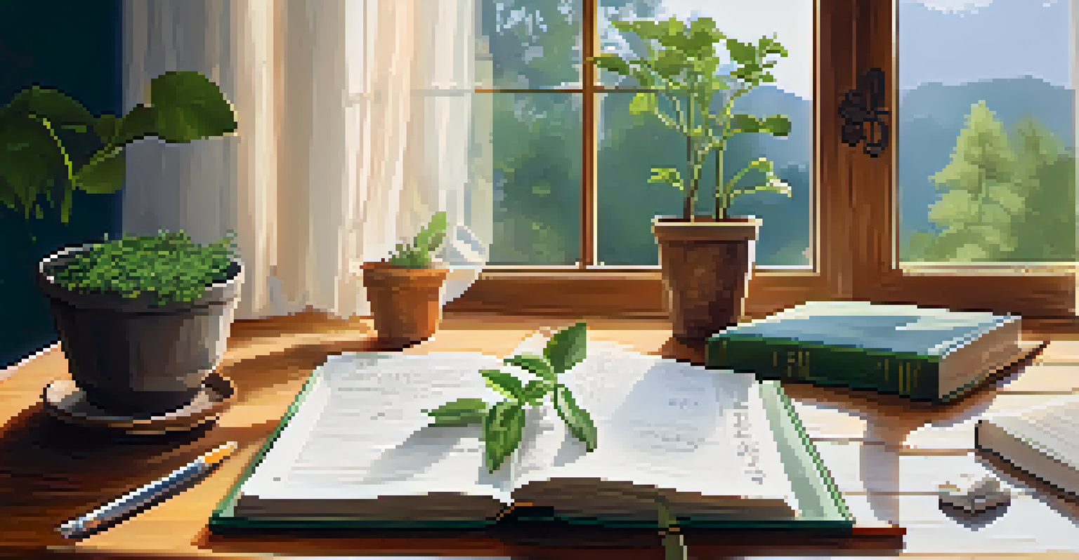 Hands writing in a journal with a cup of tea and a plant on a wooden table, illuminated by natural light.
