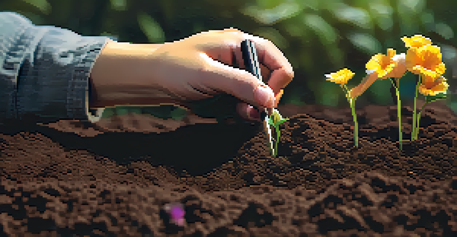 Close-up of hands planting a sapling in soil, with a blurred garden background.