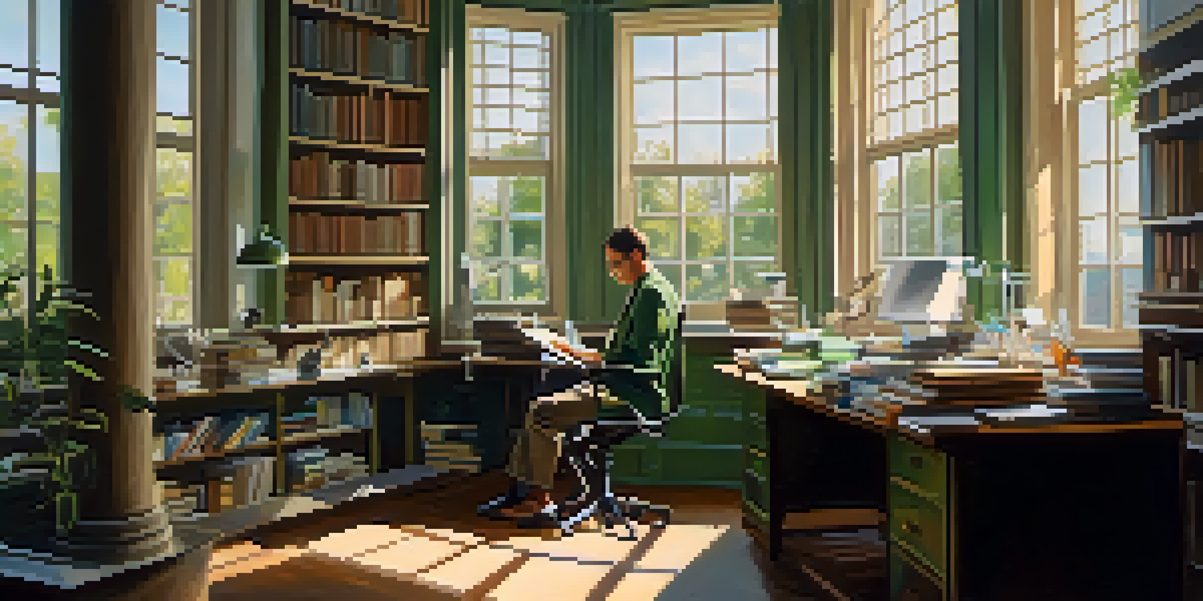 A scientist meditating at a desk in a tranquil workspace filled with books and scientific tools, illuminated by soft sunlight.