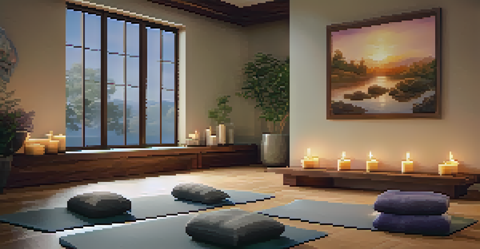 A cozy meditation space featuring a soft mat, candles, and essential oils, illuminated by warm lights, creating a calming atmosphere for mindfulness.