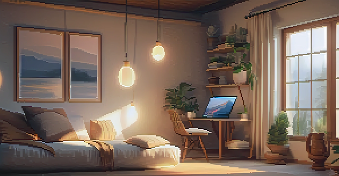 A cozy home corner with cushions, candles, and a laptop showing a meditation session, illuminated by warm lighting.