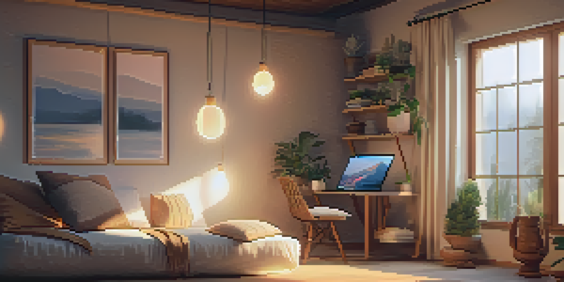 A cozy home corner with cushions, candles, and a laptop showing a meditation session, illuminated by warm lighting.