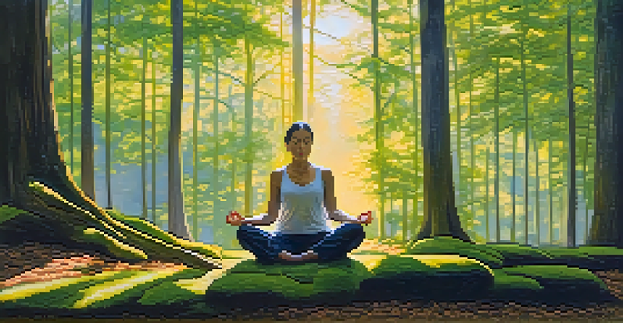 A person meditating in a sunlit forest, sitting on moss surrounded by trees.