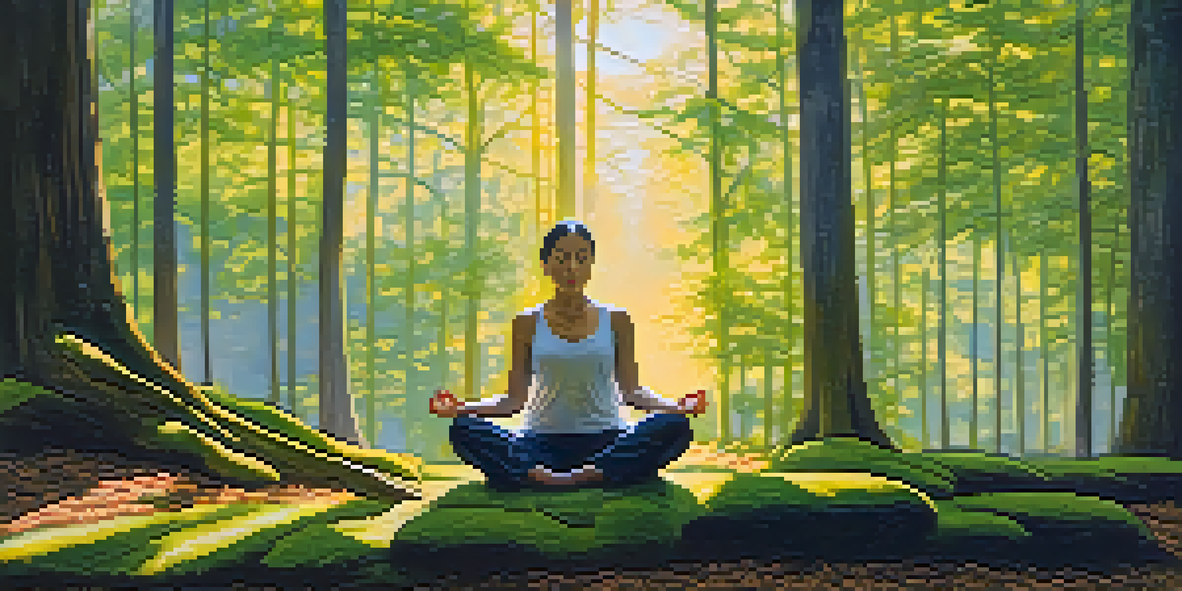 A person meditating in a sunlit forest, sitting on moss surrounded by trees.