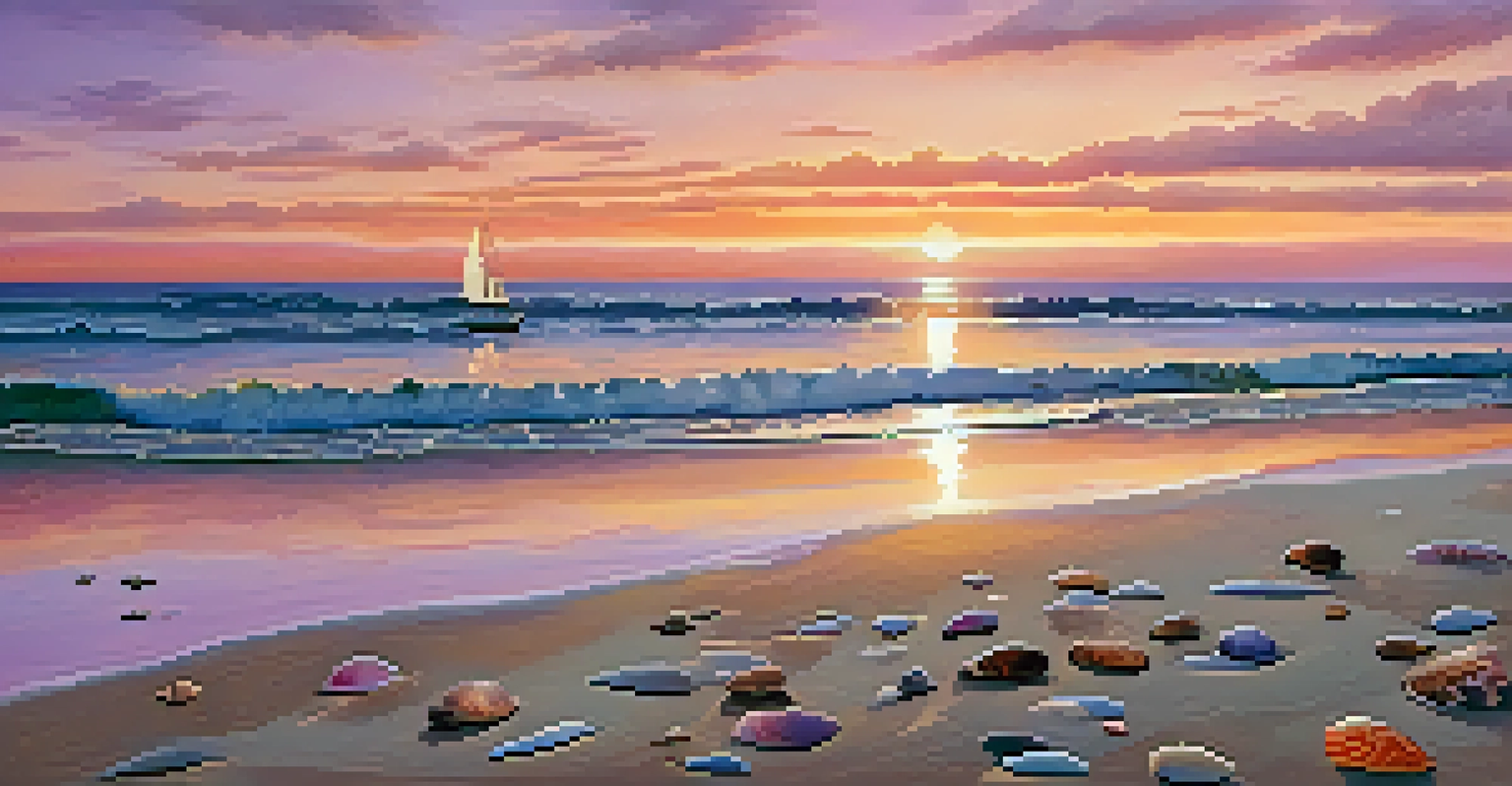 A calming beach at sunset with waves, a colorful sky, and silhouettes of sailboats in the distance.