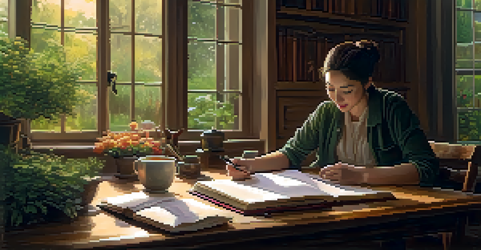 A person writing in a journal at a wooden table with a cup of tea, surrounded by a warm and inviting indoor environment.