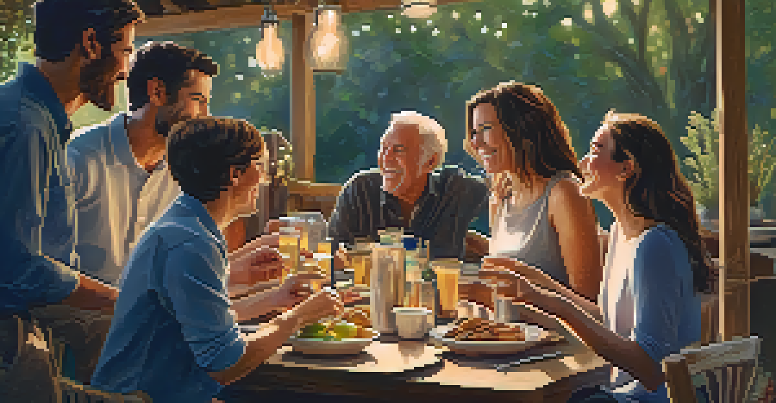 A joyful family gathering around a wooden table, surrounded by warm light and laughter, creating a sense of connection.