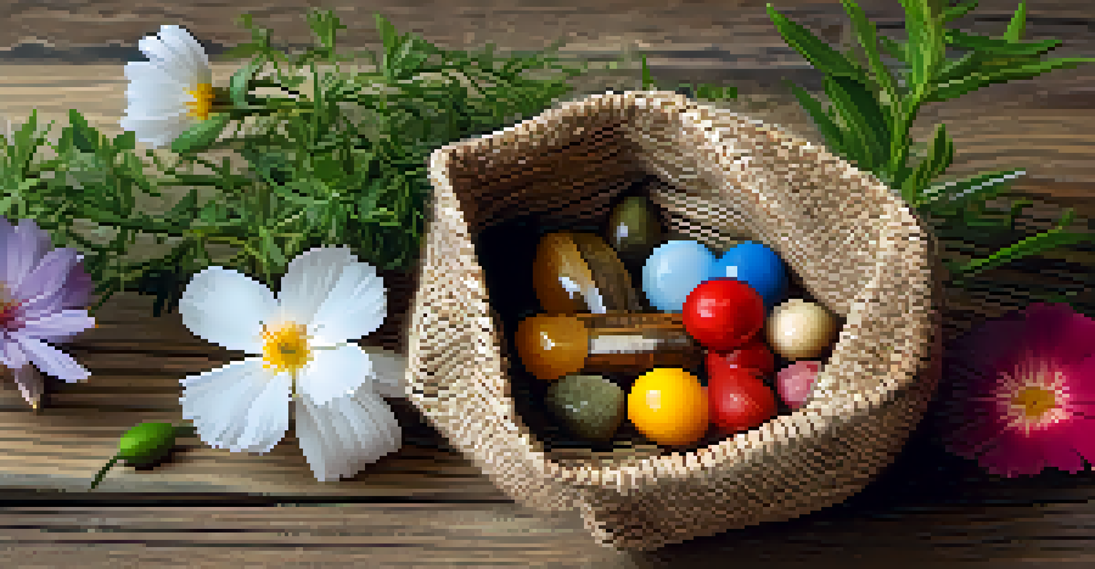 Close-up of hands holding a traditional medicine pouch surrounded by herbs and flowers, emphasizing the connection between spirituality and healing.