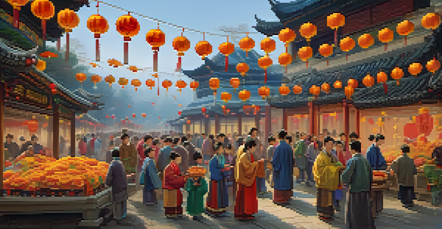 Families participating in the Qingming Festival, cleaning graves and sharing food amidst colorful lanterns and decorations.