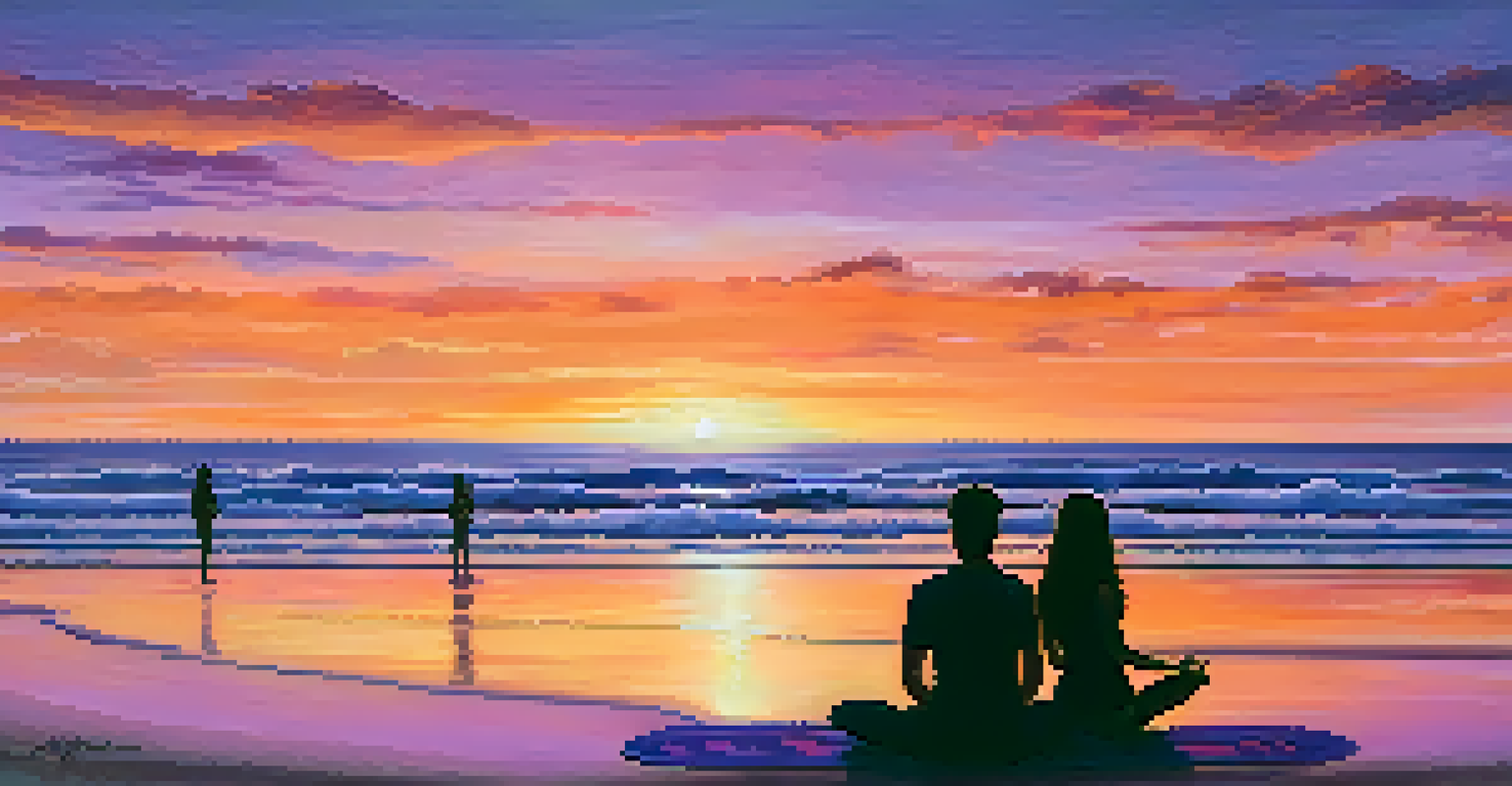 A sunset over the ocean with a couple practicing yoga on the beach, surrounded by vibrant colors in the sky.