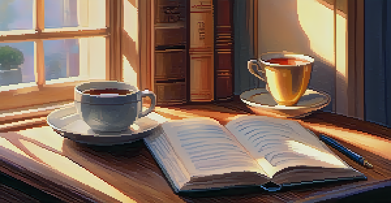 An open book with a cup of tea and a notepad on a wooden table in a cozy, well-lit room.