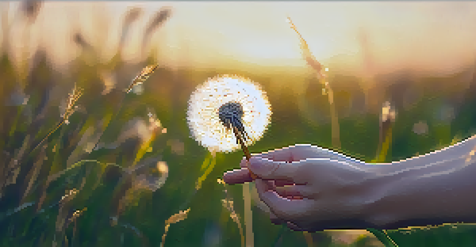A hand letting go of a dandelion seed head, with seeds glimmering in sunlight against a soft-focus background of grass and wildflowers.