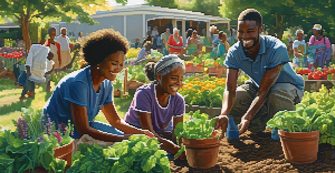 A diverse group of people joyfully working together in a community garden, planting vegetables under warm sunlight.