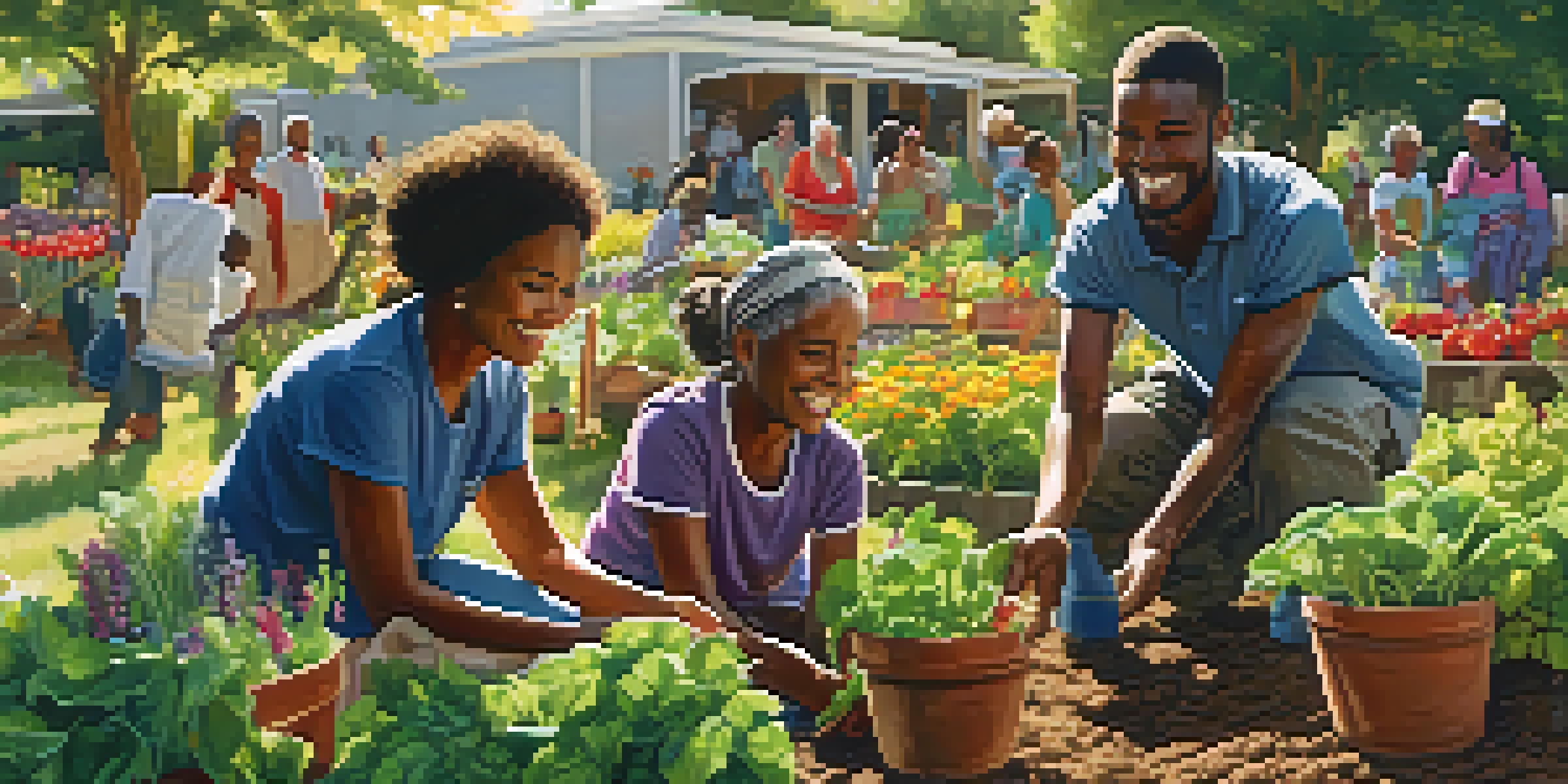 A diverse group of people joyfully working together in a community garden, planting vegetables under warm sunlight.