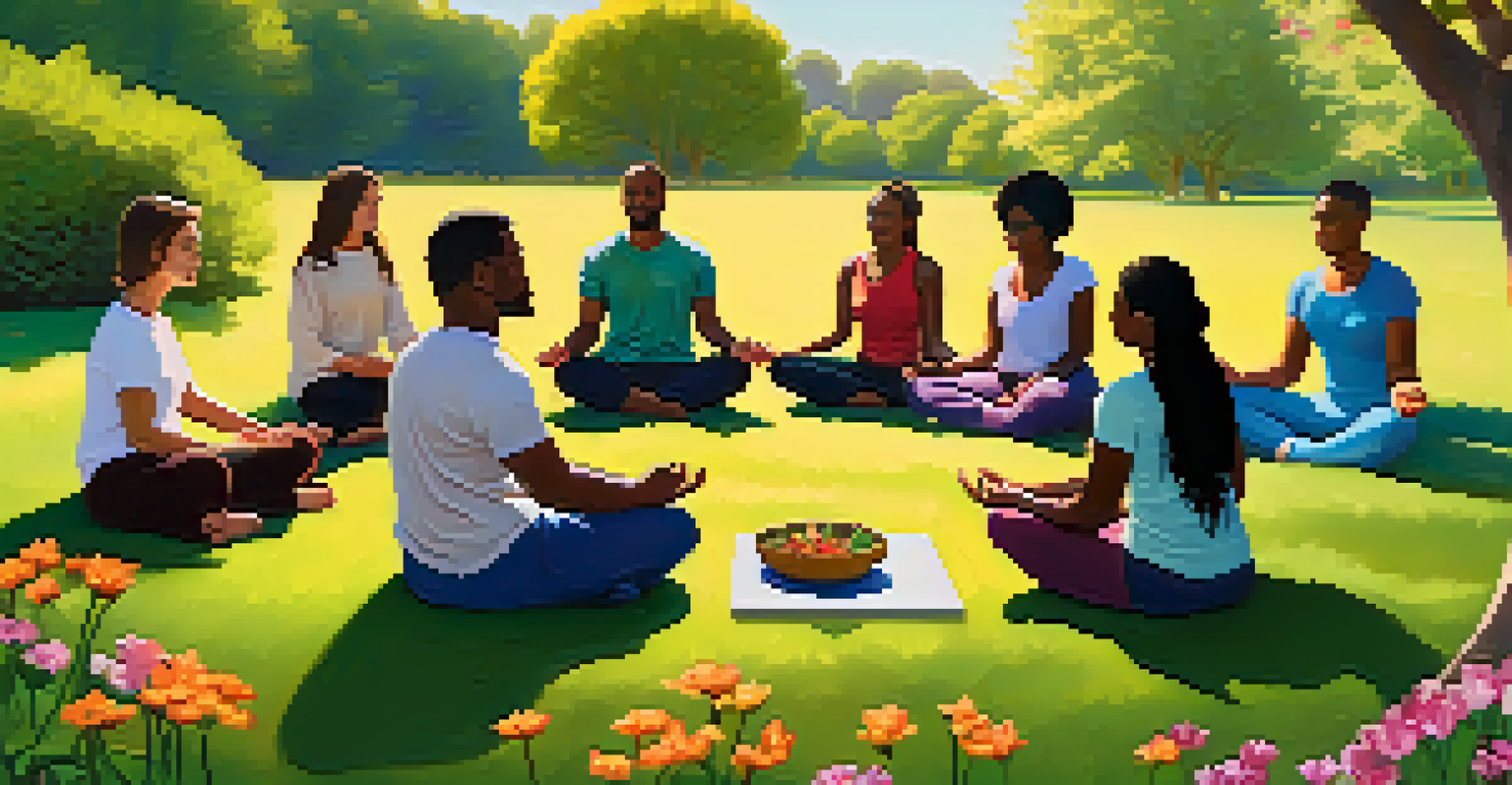 A diverse group of people meditating together in a sunny park surrounded by flowers.
