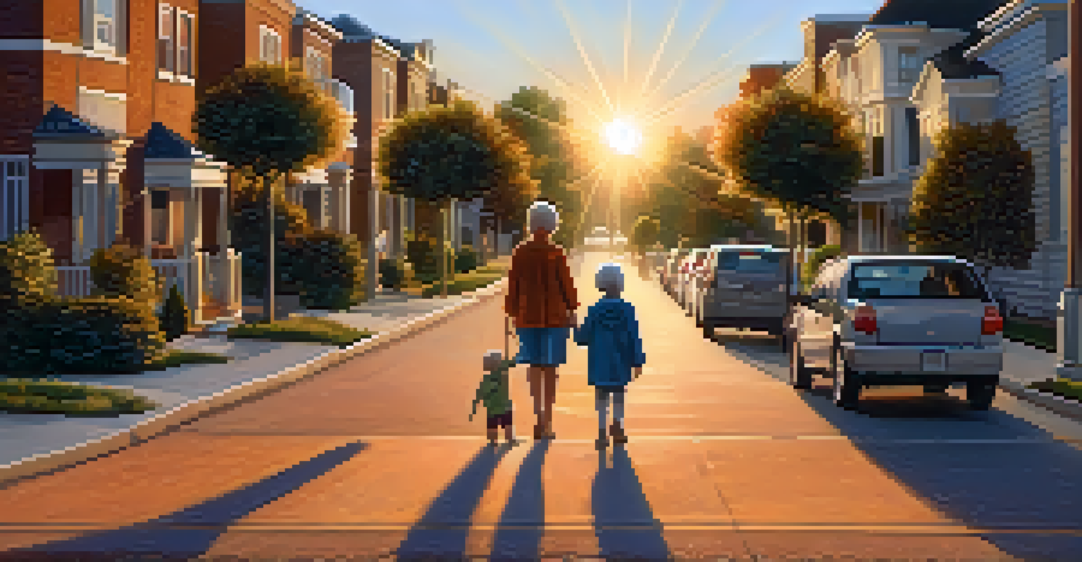 A young child helping an elderly person cross the street at sunset, showcasing kindness and community support.