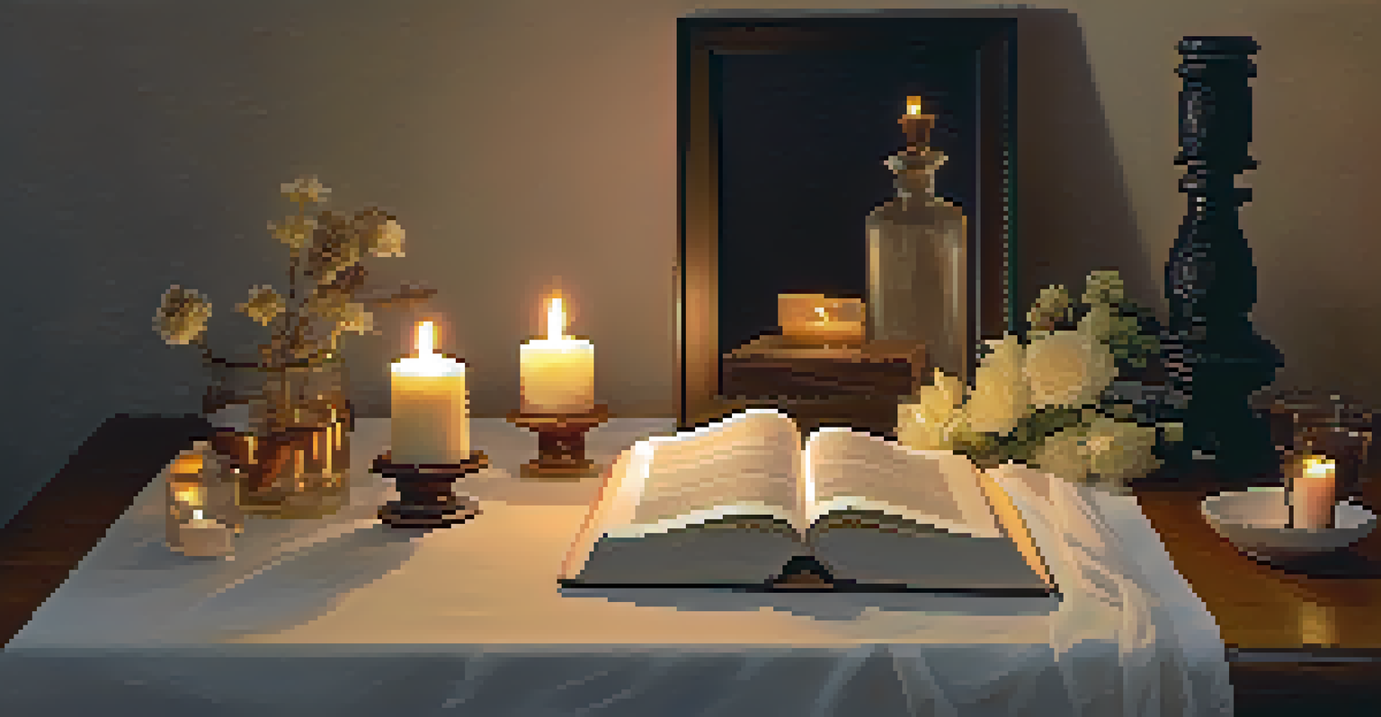 A candlelit table with personal mementos and a flickering candle, creating a peaceful ritual space.