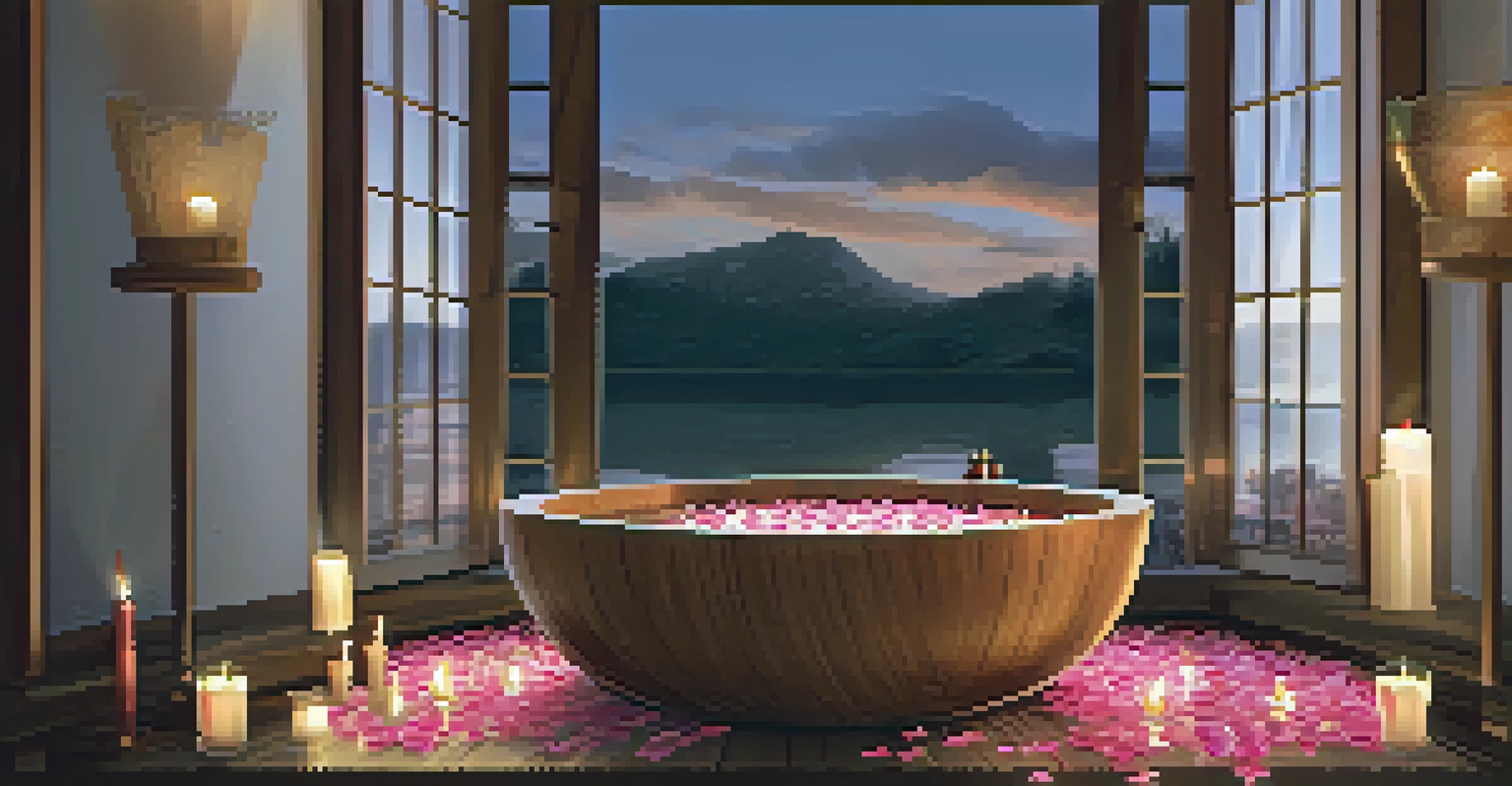 A wooden tub filled with warm water, surrounded by flowers and candles, creating a relaxing ritual bath atmosphere.