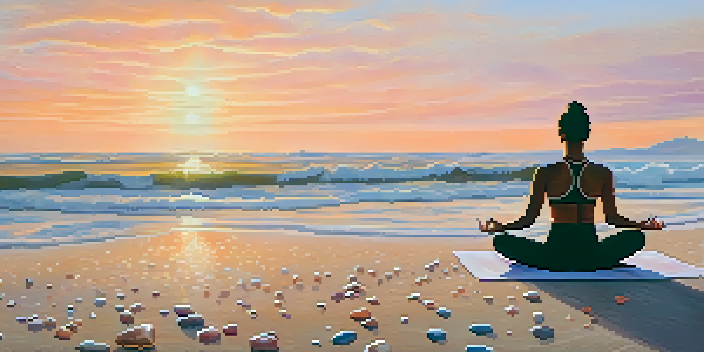 A person practicing yoga on a beach at sunrise, with gentle waves and colorful sky.