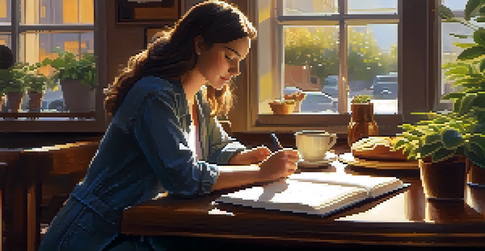 A person writing in a gratitude journal at a wooden table in a cozy coffee shop, with plants and pastries around, bathed in warm sunlight.