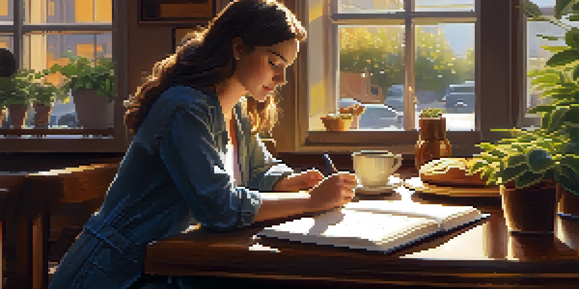 A person writing in a gratitude journal at a wooden table in a cozy coffee shop, with plants and pastries around, bathed in warm sunlight.