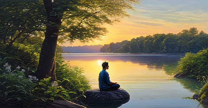A person meditating on a rock by a peaceful lake during sunset, surrounded by lush greenery and flowering trees.