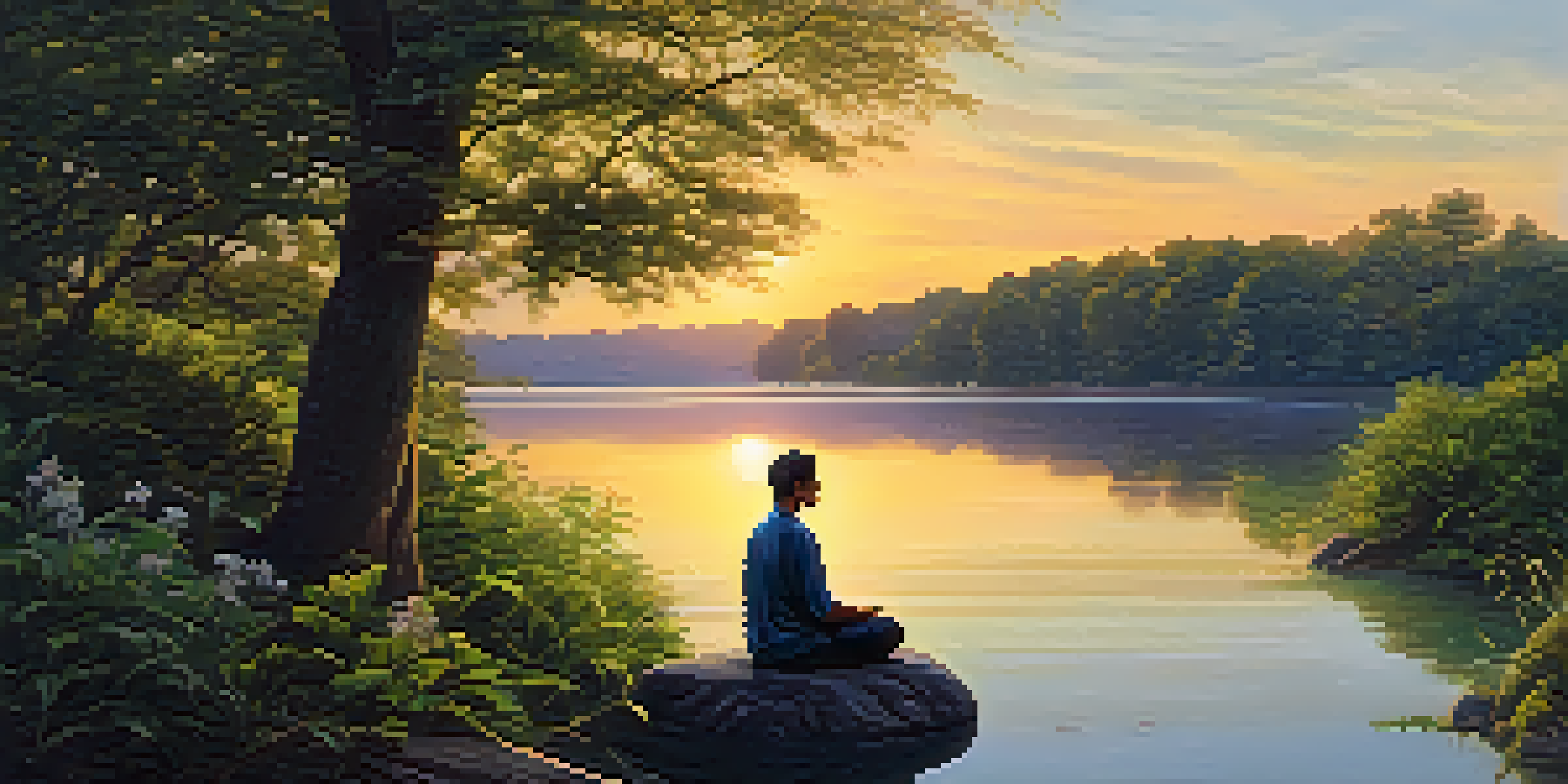 A person meditating on a rock by a peaceful lake during sunset, surrounded by lush greenery and flowering trees.