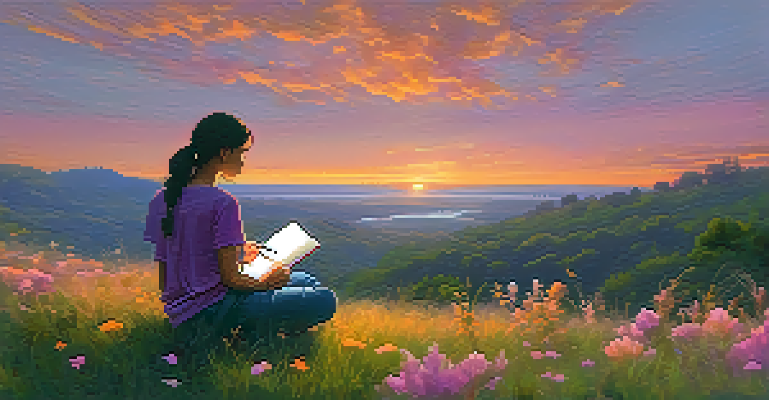 A person sitting on a hill at sunset, writing in a journal with a peaceful expression.