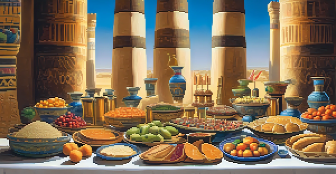 An ancient Egyptian feast with a table full of colorful food offerings, illuminated by warm light, surrounded by hieroglyphics and a lotus flower.