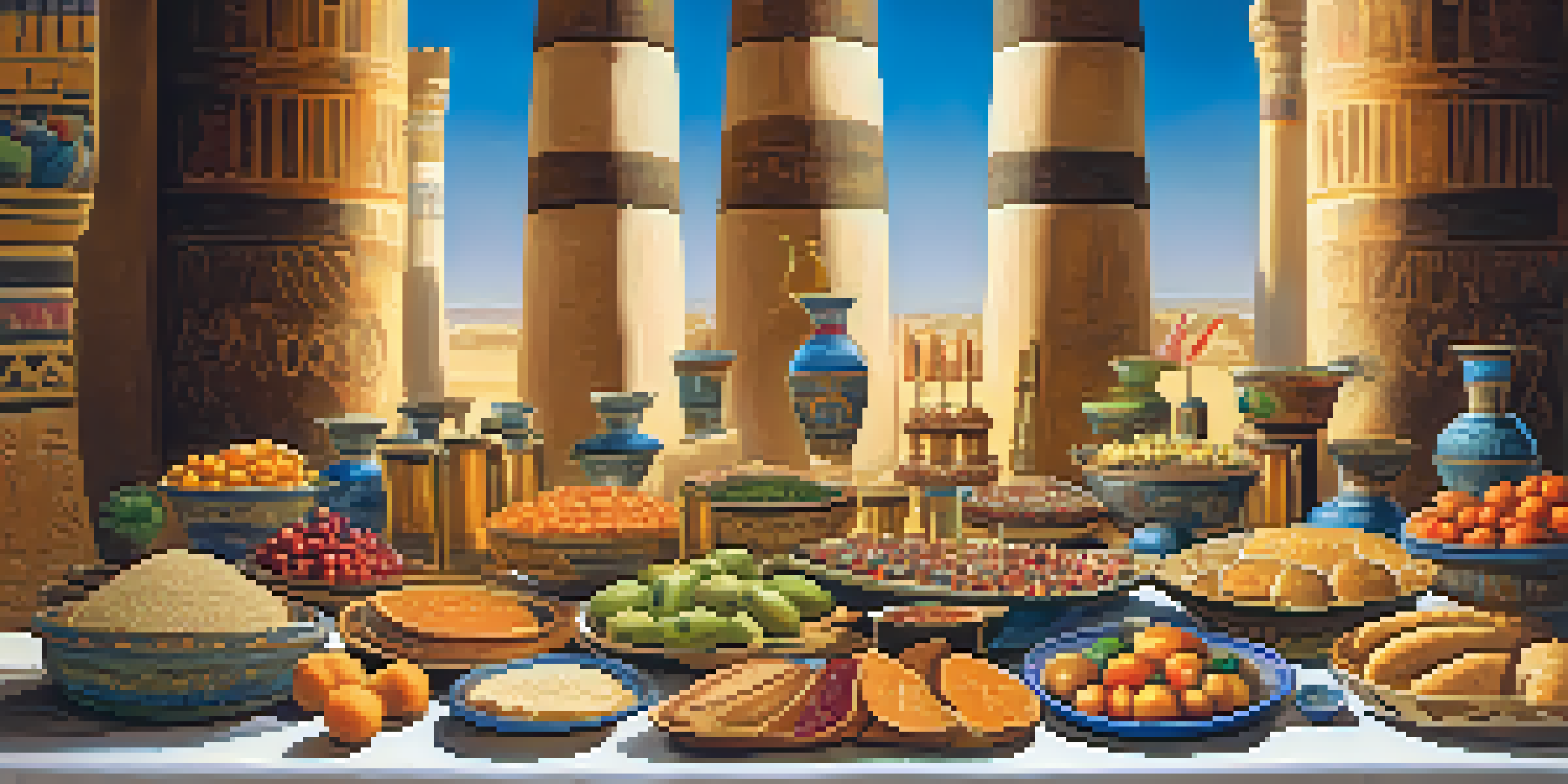 An ancient Egyptian feast with a table full of colorful food offerings, illuminated by warm light, surrounded by hieroglyphics and a lotus flower.