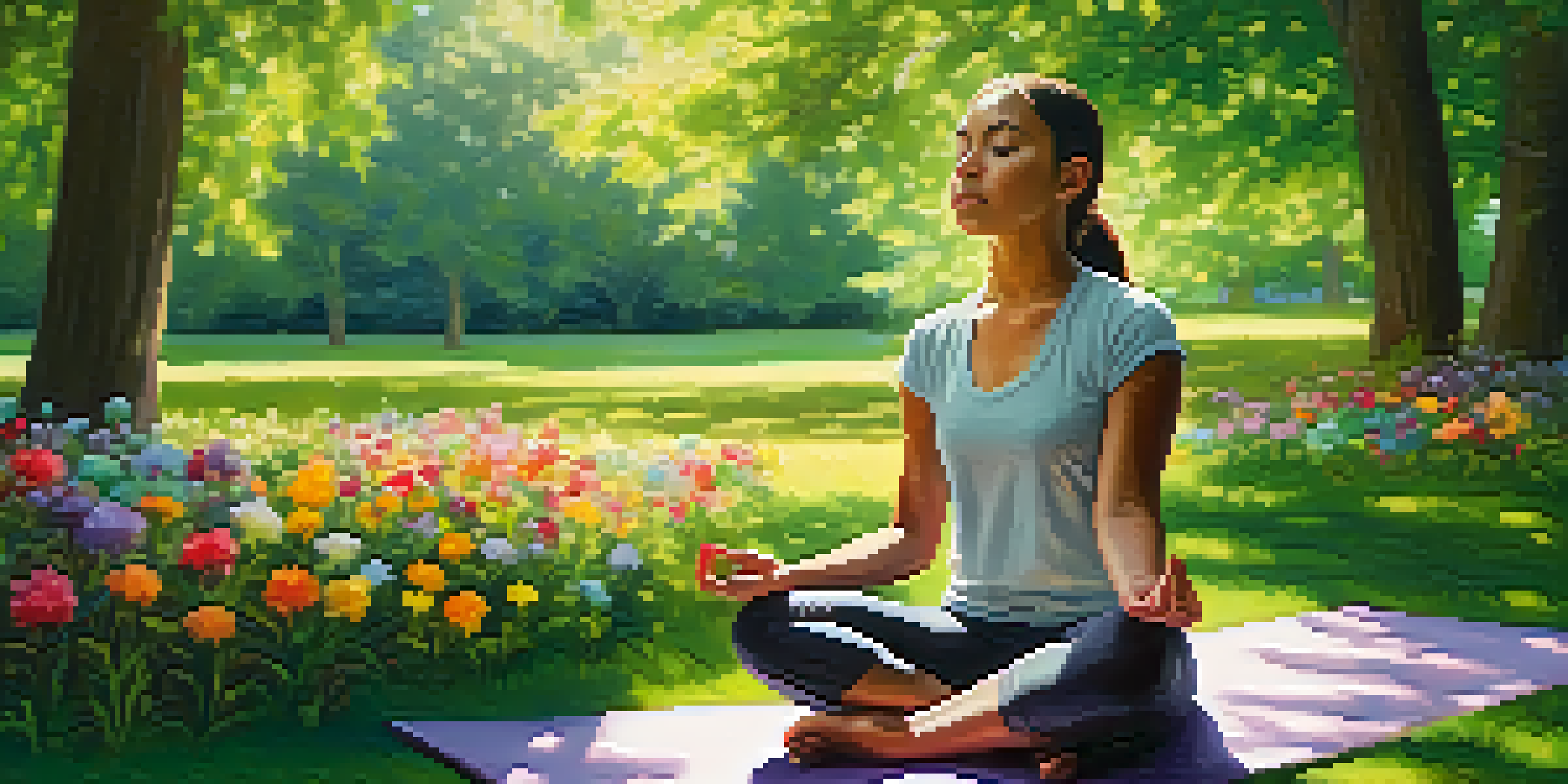 A student meditating peacefully in a sunlit park, surrounded by nature and colorful flowers.