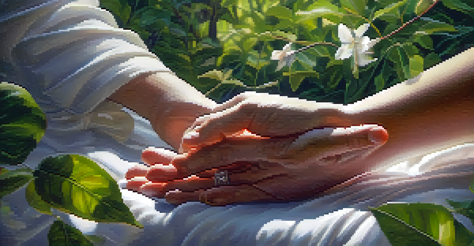Close-up of hands in a meditative gesture surrounded by soft-focus nature and sunlight.