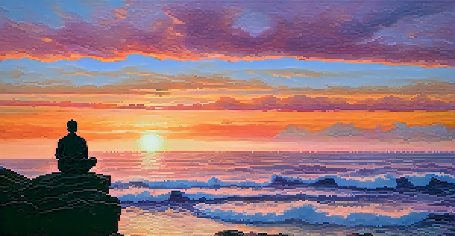 A person meditating on a rocky cliff at sunset, overlooking the ocean, with a colorful sky blending oranges, pinks, and purples.