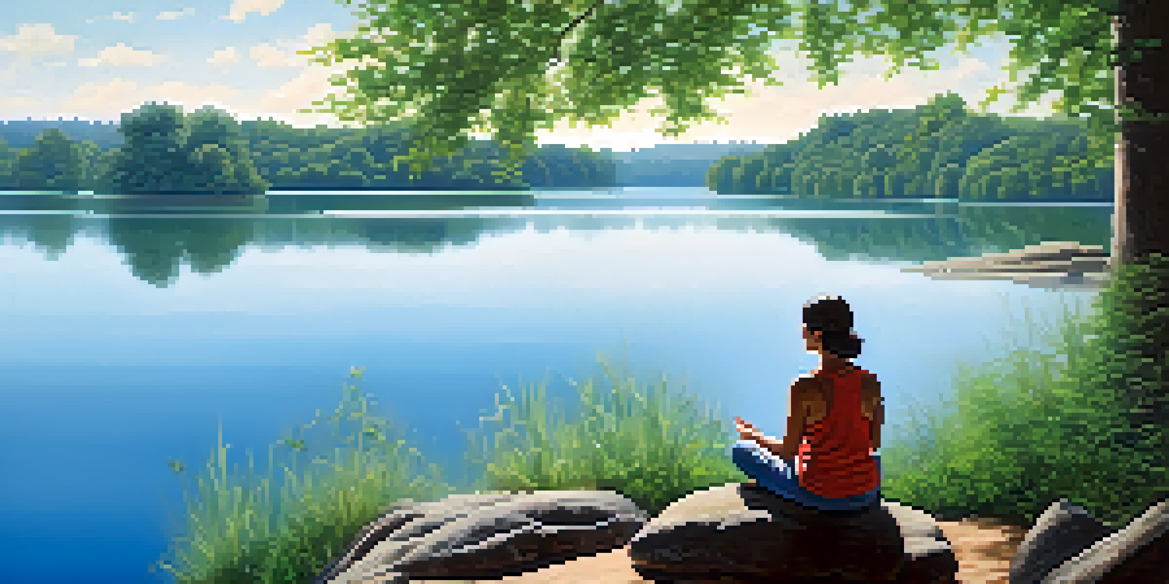 A peaceful lake scene with a person meditating on a rock, surrounded by greenery and a blue sky.