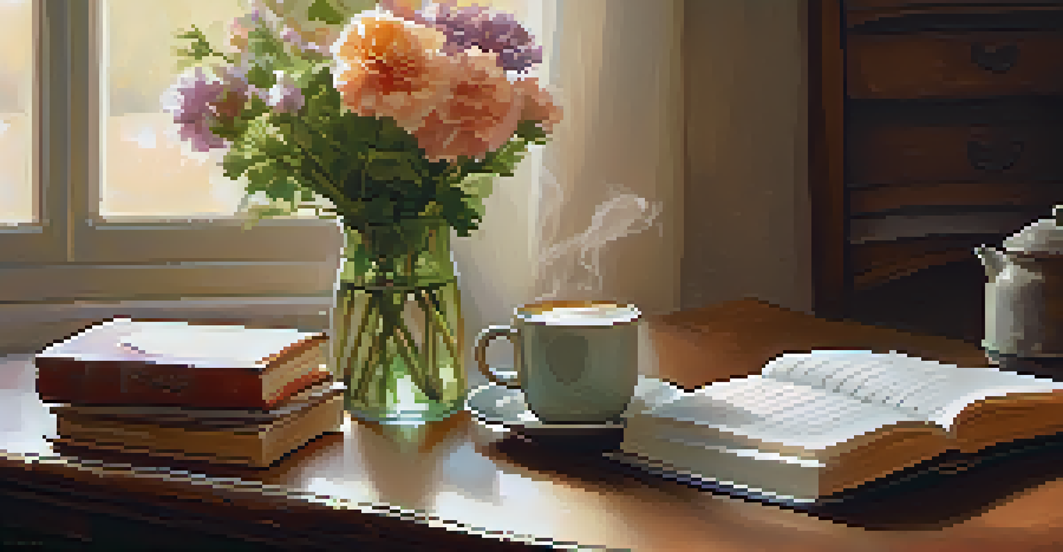 A cozy table with a cup of tea and an open gratitude journal next to a vase of flowers in a warmly lit room.