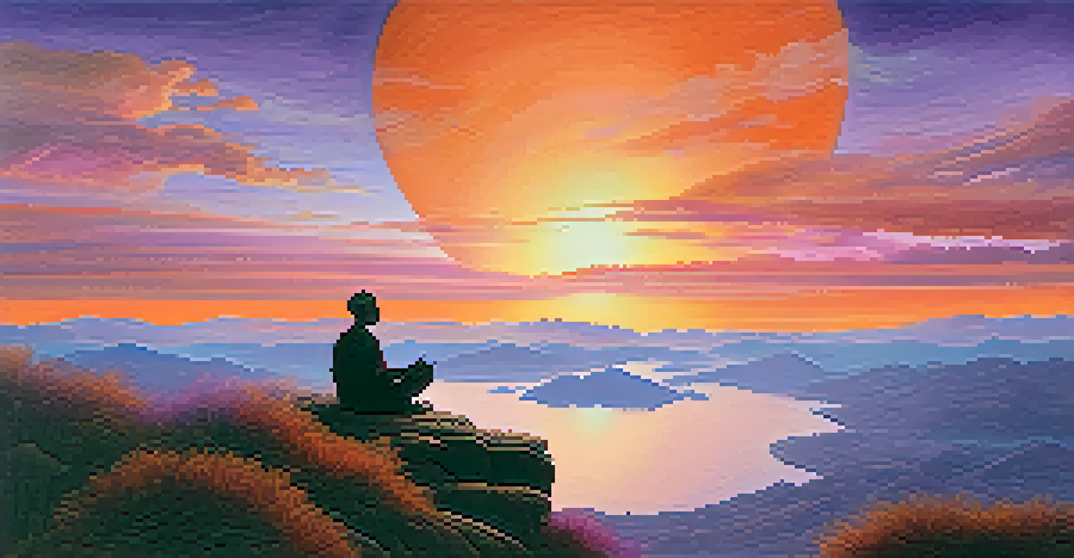 A silhouette of a person meditating on a mountaintop at sunset, with colorful skies and a river below symbolizing a spiritual journey.