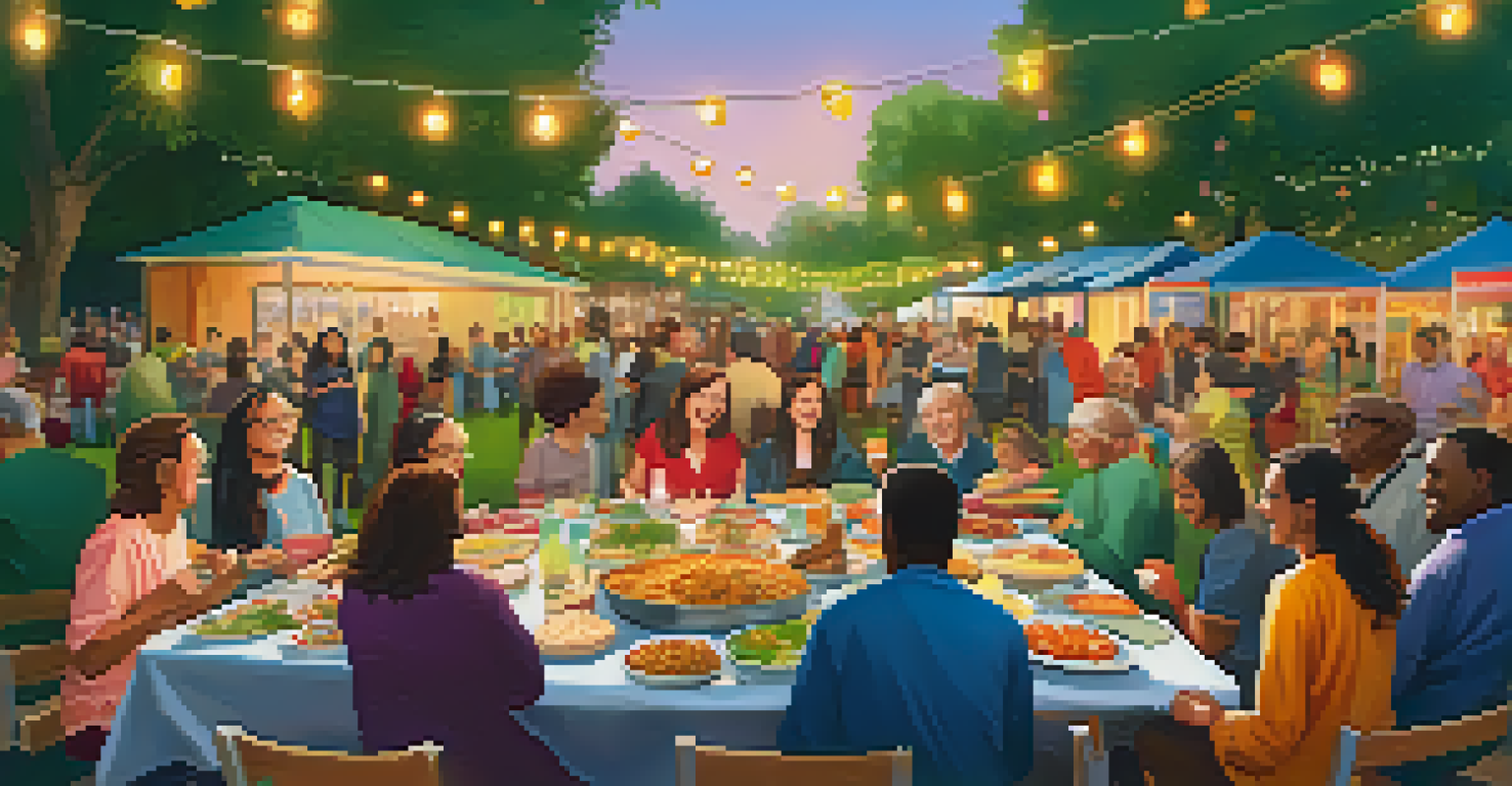 A community potluck in a park with a long table of diverse dishes, where people are happily sharing food and stories under string lights.