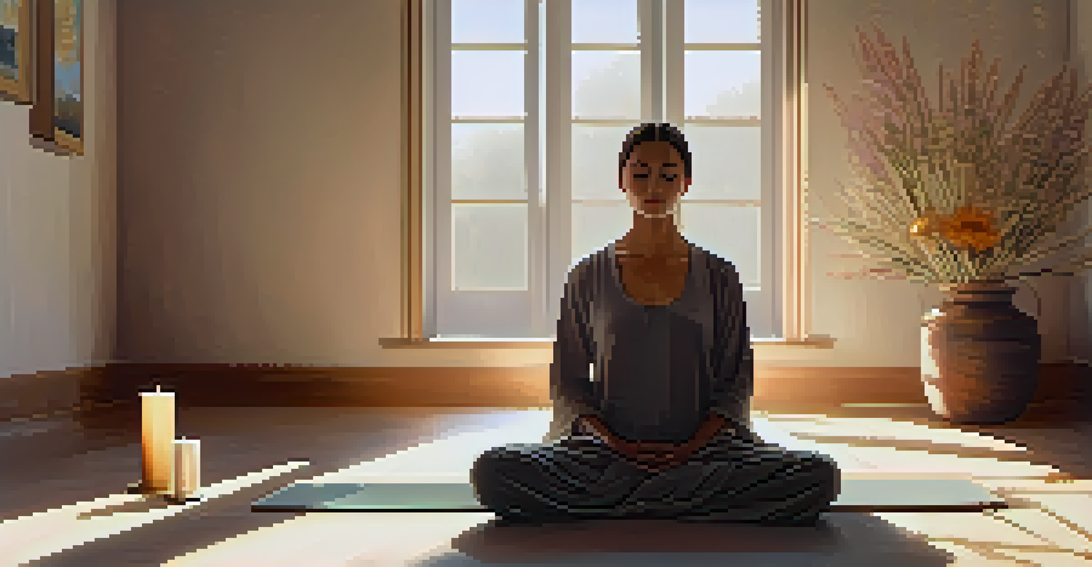 A person meditating in a sunlit room, practicing mindfulness with an altar of candles and flowers, symbolizing peace and gratitude.