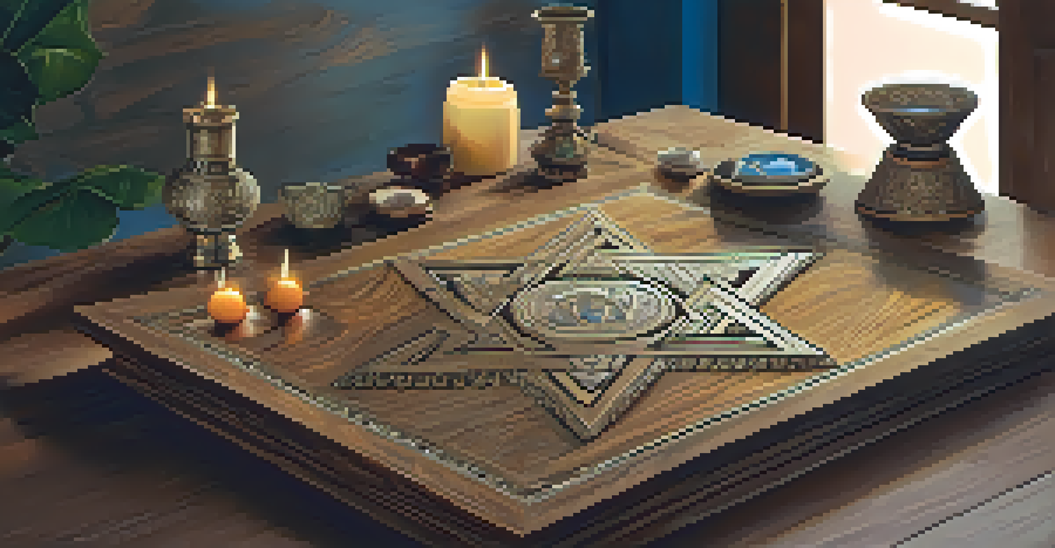 A wooden table with various sacred symbols from different cultures, illuminated by warm light.